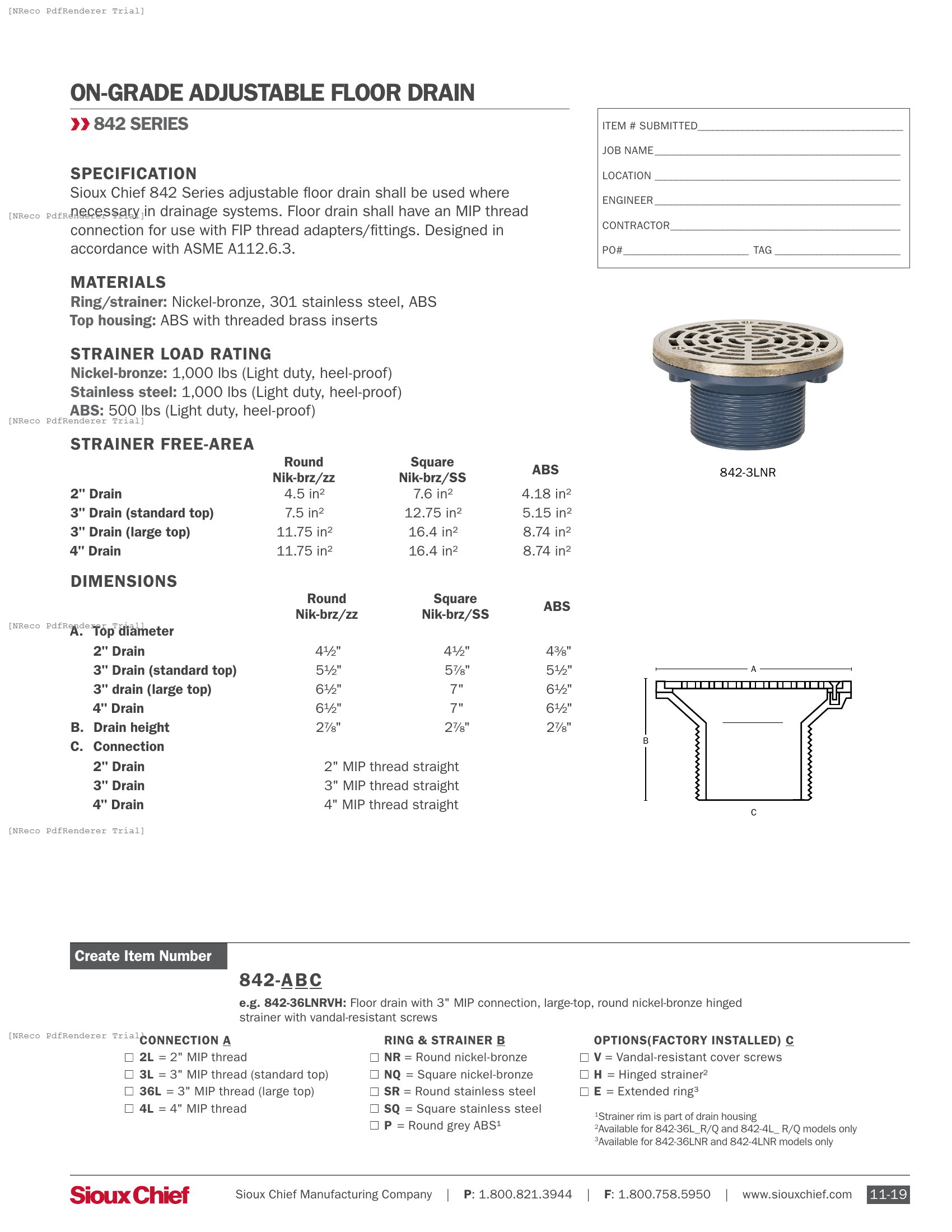 842-L SERIES - ADJUSTABLE FLOOR DRAIN ABS MIP - SPEC SHEET.PDF Specification Document